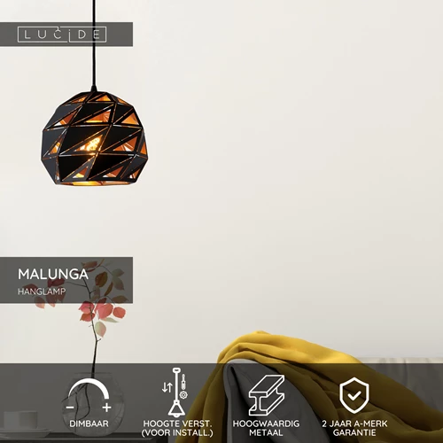 Lucide MALUNGA - Hanglamp - Ø 25 cm - 1xE27 - Zwart - USP